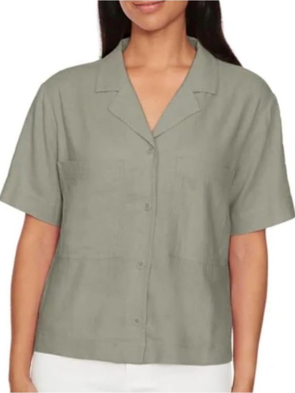 Buffalo David Bitton Sage Green linen viscose Button-Front Camp Collar Top